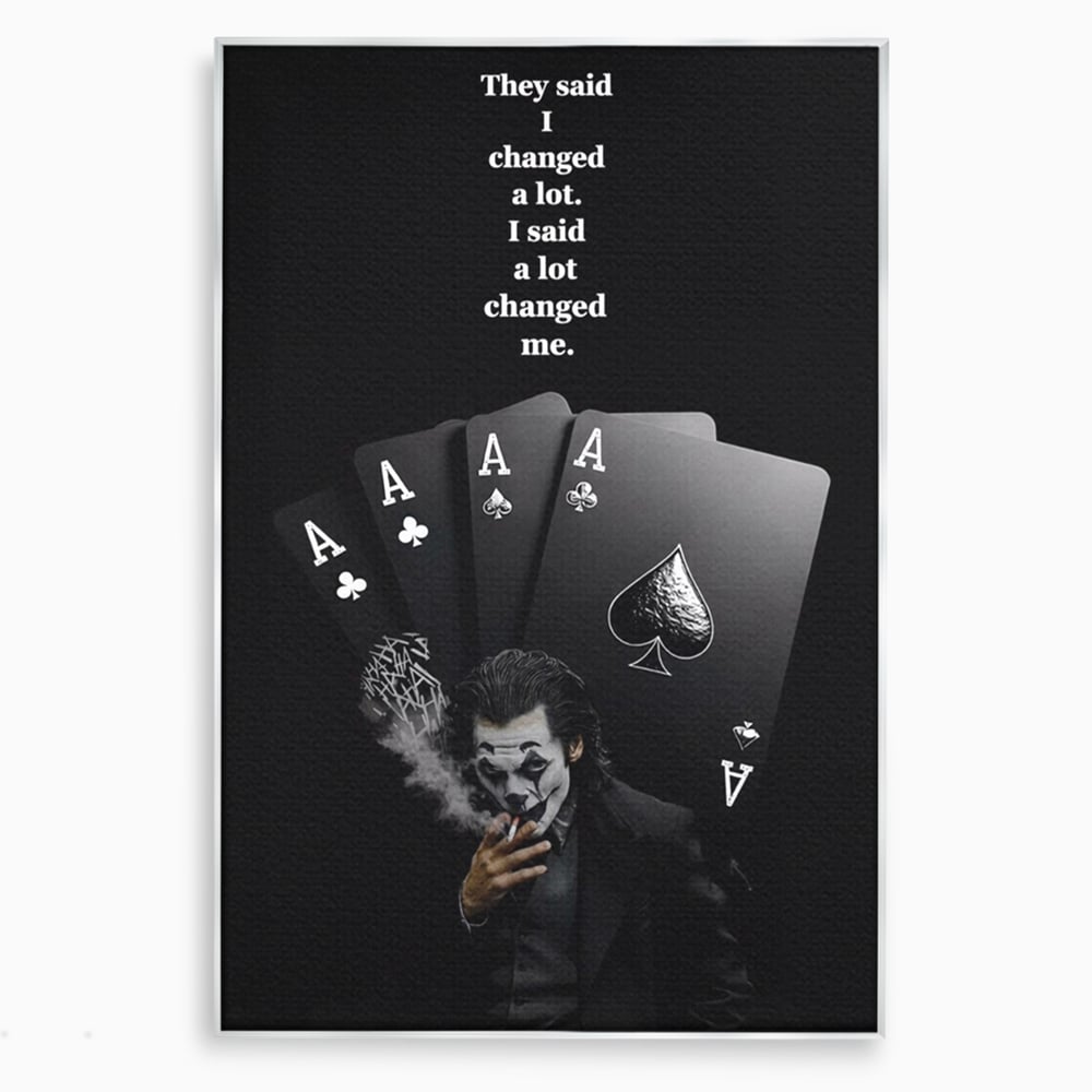 Tablou canvas cu tablou motivational cu joker si carti de joc, in rama de aluminiu argintiu